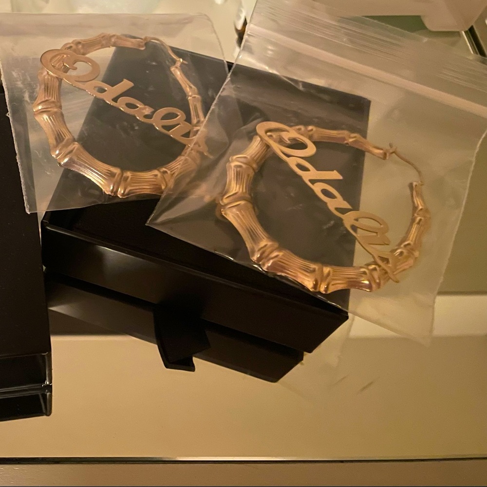 1x Gold Large Bamboo Name Hoop Earrings - 14K Gold Plated / 3 Inch